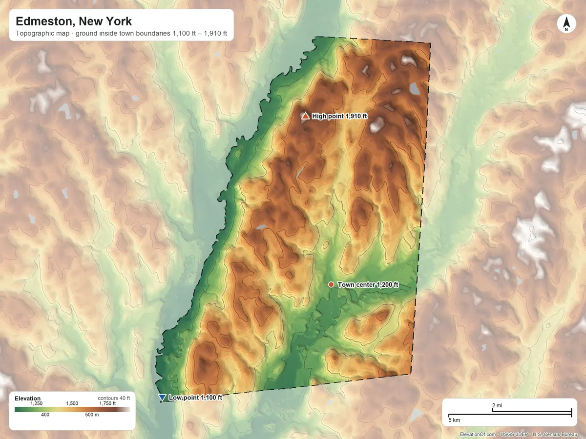 Topographic elevation map of Edmeston, New York, shaded from 1,100 ft on the southwest side to 1,910 ft on the north side