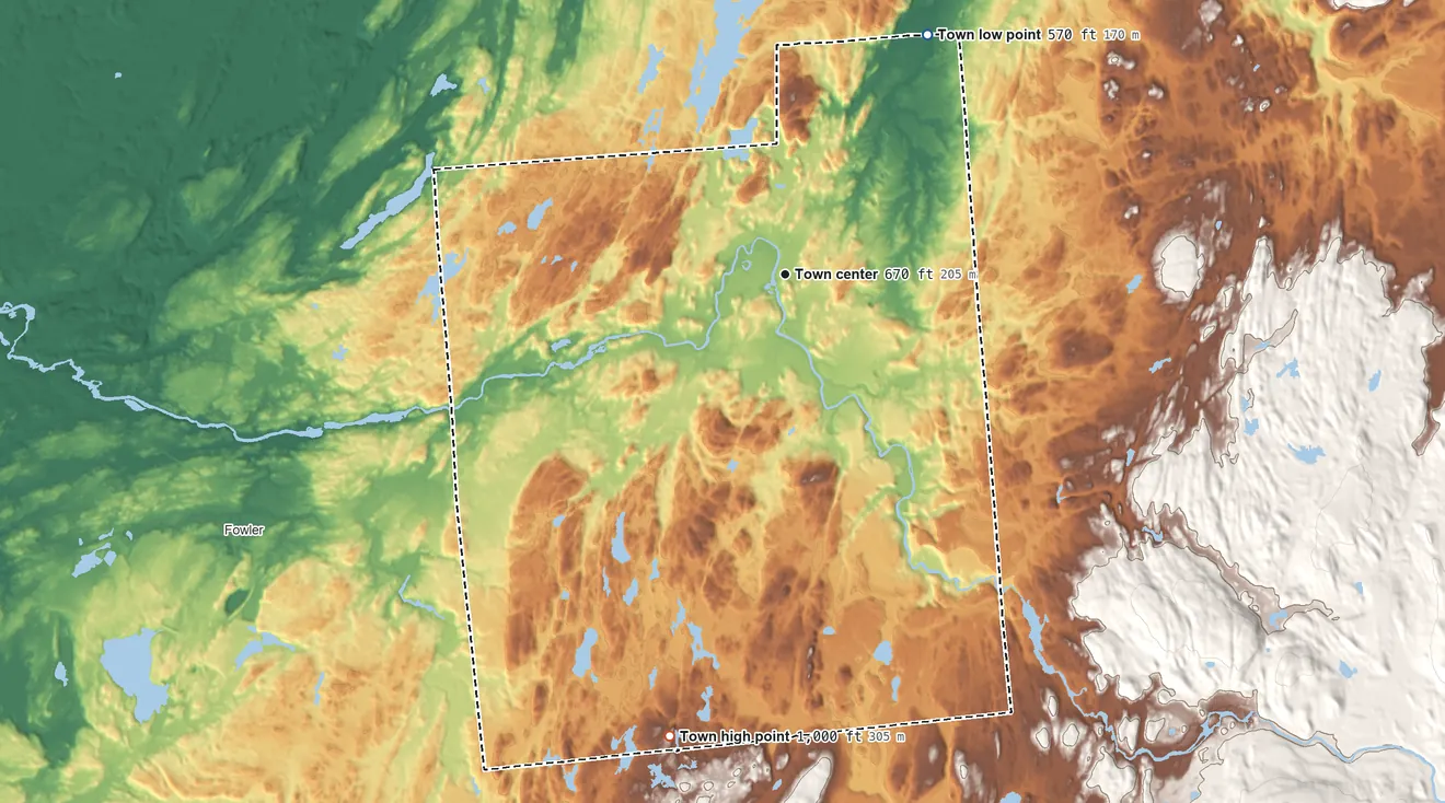 Topographic elevation map of Edwards, New York, shaded from 570 ft on the northeast side to 1,000 ft on the south side