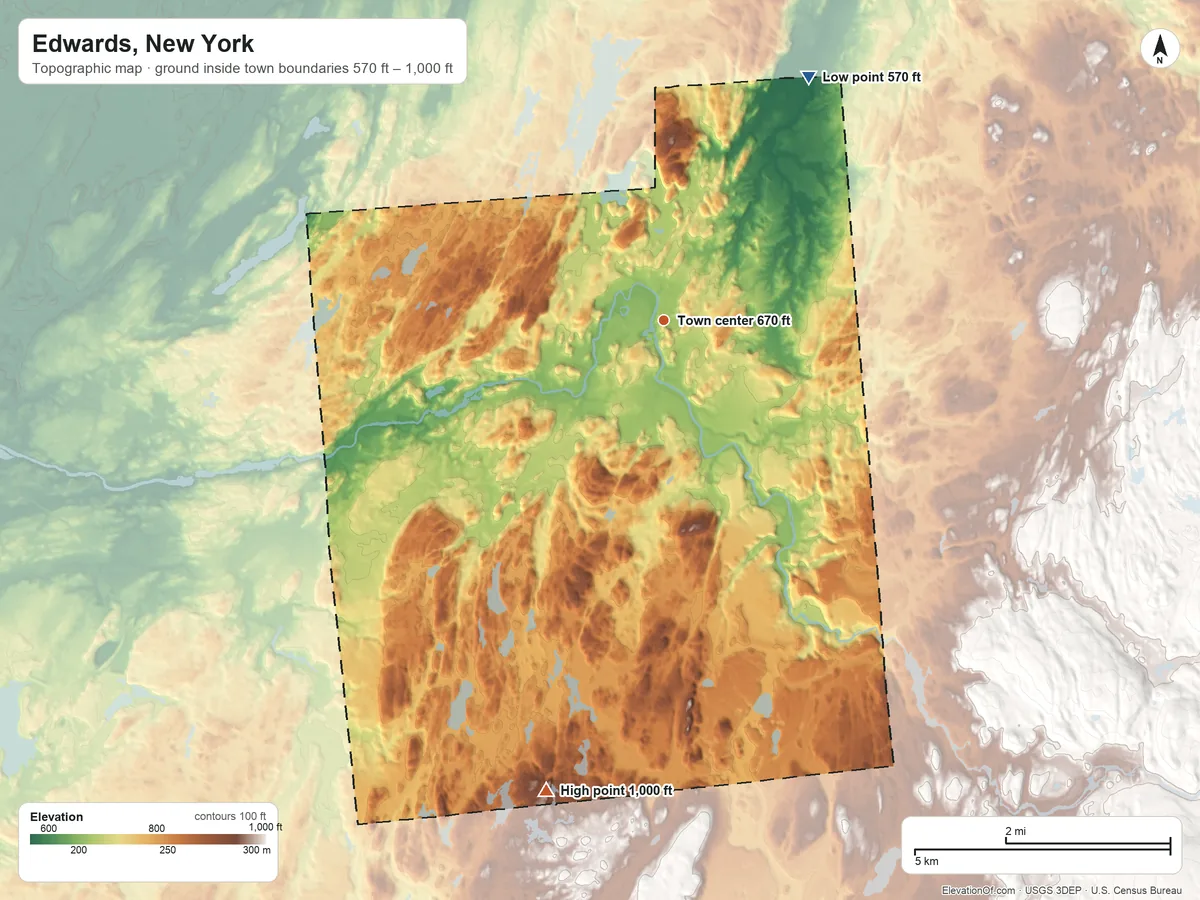 Topographic elevation map of Edwards, New York, shaded from 570 ft on the northeast side to 1,000 ft on the south side