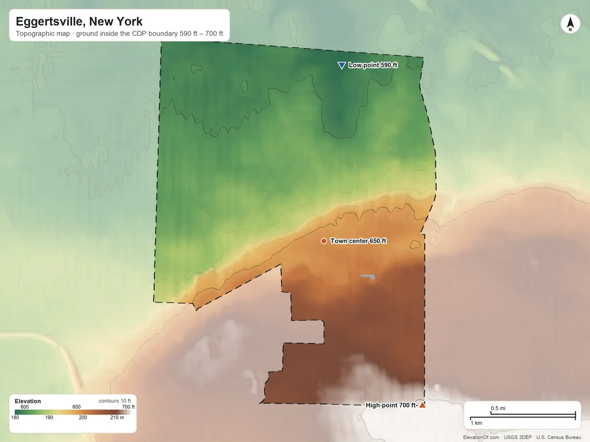 Topographic elevation map of Eggertsville, New York, shaded from 590 ft on the north side to 700 ft on the southeast side