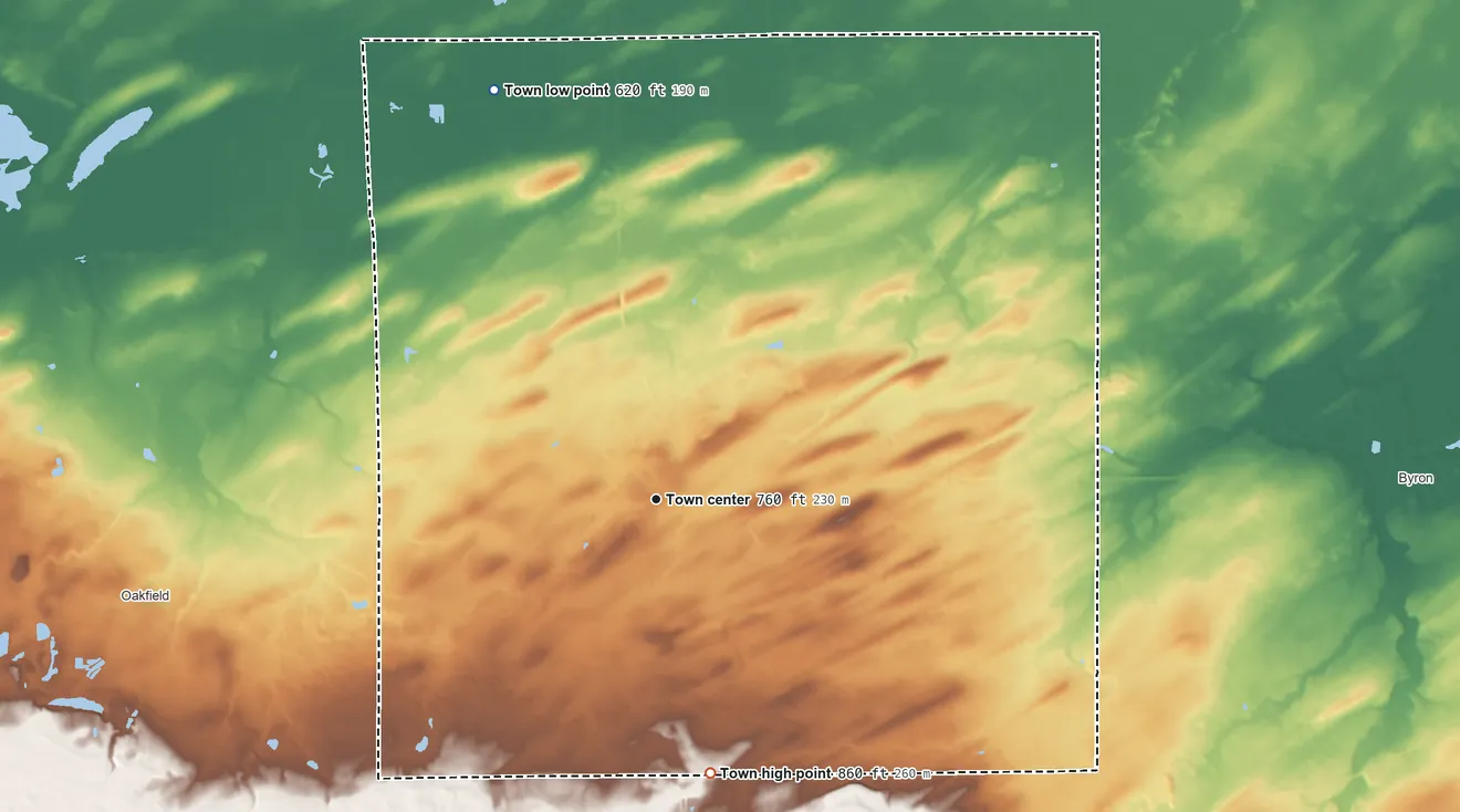 Topographic elevation map of Elba, New York, shaded from 620 ft on the north side to 860 ft on the south side