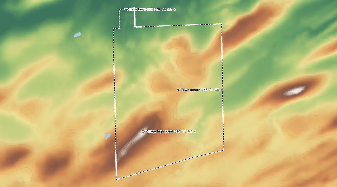 Topographic elevation map of Village of Elba, New York, shaded from 720 ft on the northwest side to 810 ft on the southwest side