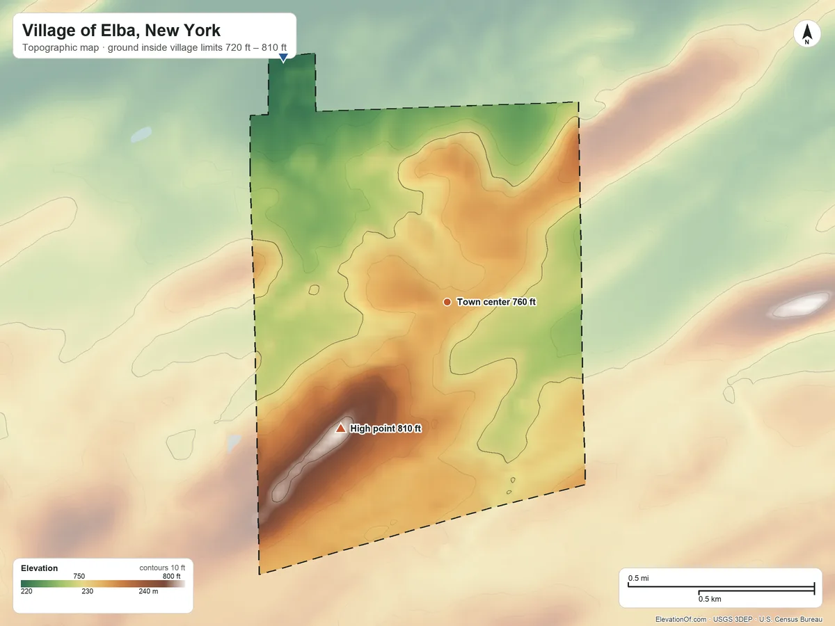 Topographic elevation map of Village of Elba, New York, shaded from 720 ft on the northwest side to 810 ft on the southwest side