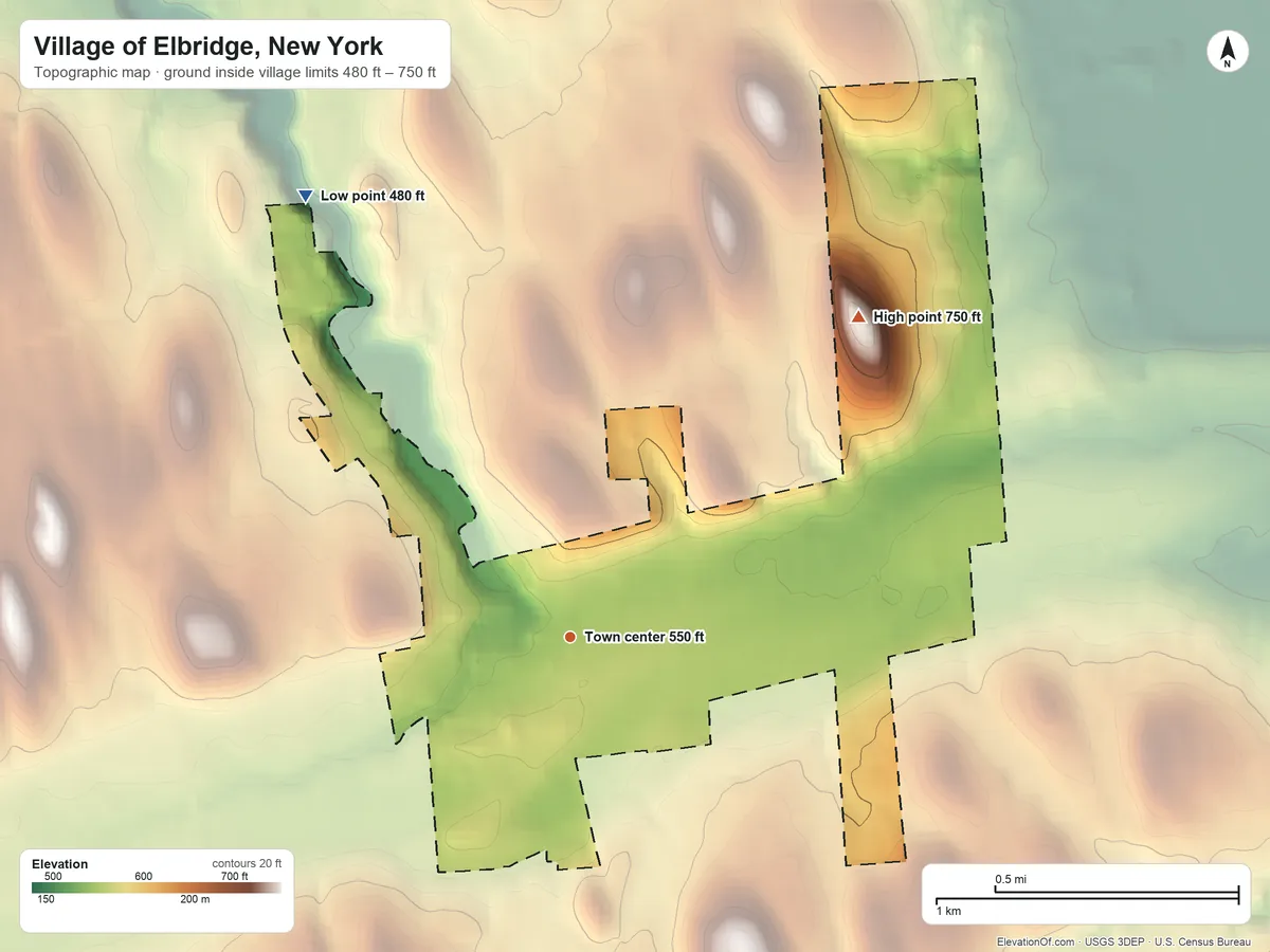 Topographic elevation map of Village of Elbridge, New York, shaded from 480 ft on the northwest side to 750 ft on the northeast side