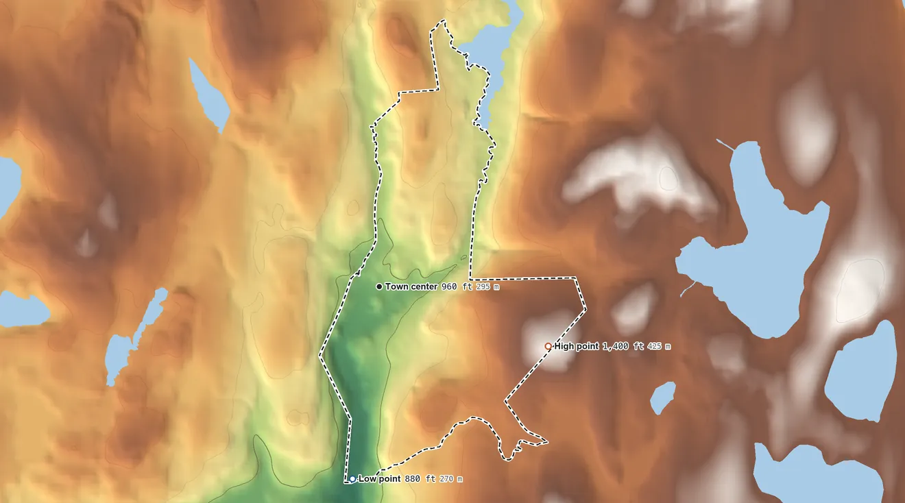 Topographic elevation map of Eldred, New York, shaded from 880 ft on the south side to 1,400 ft on the east side