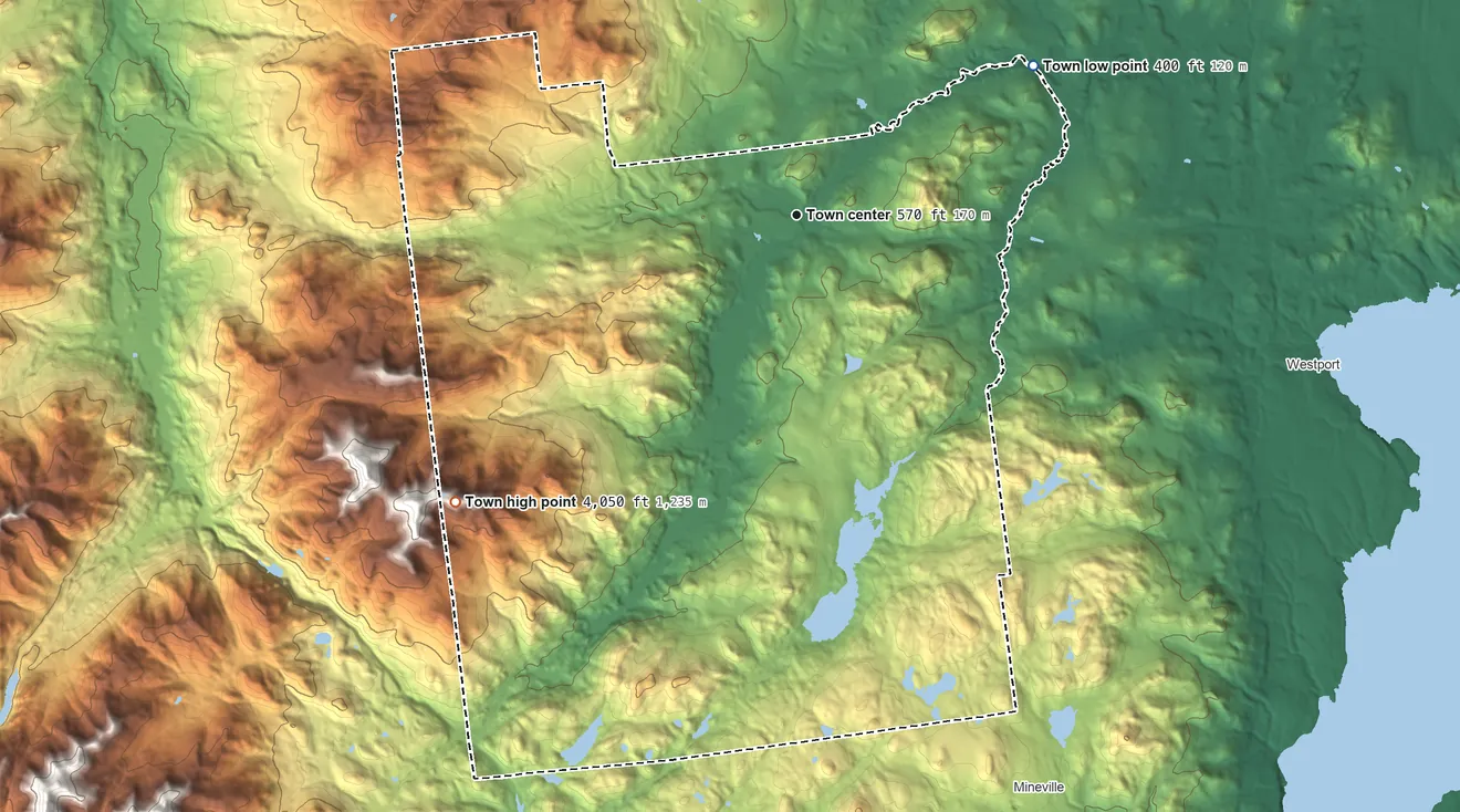 Topographic elevation map of Elizabethtown, New York, shaded from 400 ft on the northeast side to 4,050 ft at the foot of the Soda Range