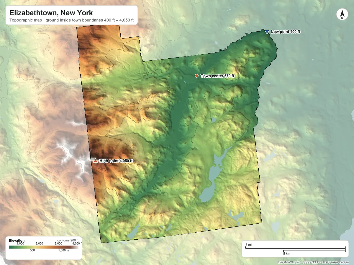 Topographic elevation map of Elizabethtown, New York, shaded from 400 ft on the northeast side to 4,050 ft at the foot of the Soda Range