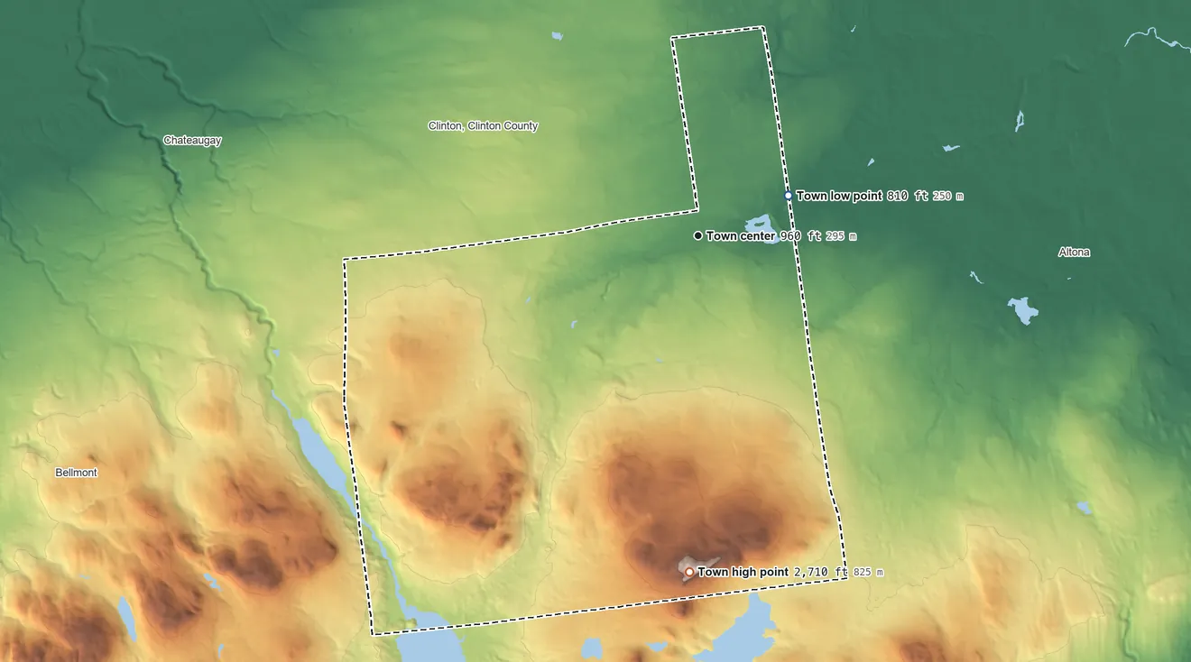 Topographic elevation map of Ellenburg, New York, shaded from 810 ft on the northeast side to 2,710 ft on Ellenburg Mountain