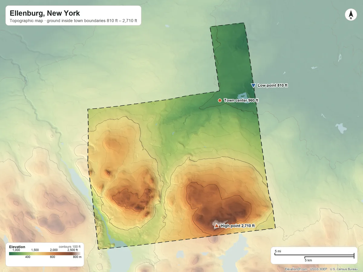 Topographic elevation map of Ellenburg, New York, shaded from 810 ft on the northeast side to 2,710 ft on Ellenburg Mountain