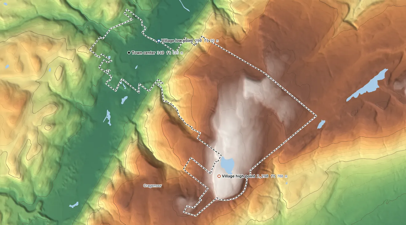 Topographic elevation map of Ellenville, New York, shaded from 290 ft on the east side to 2,290 ft on Mount Don Bosco