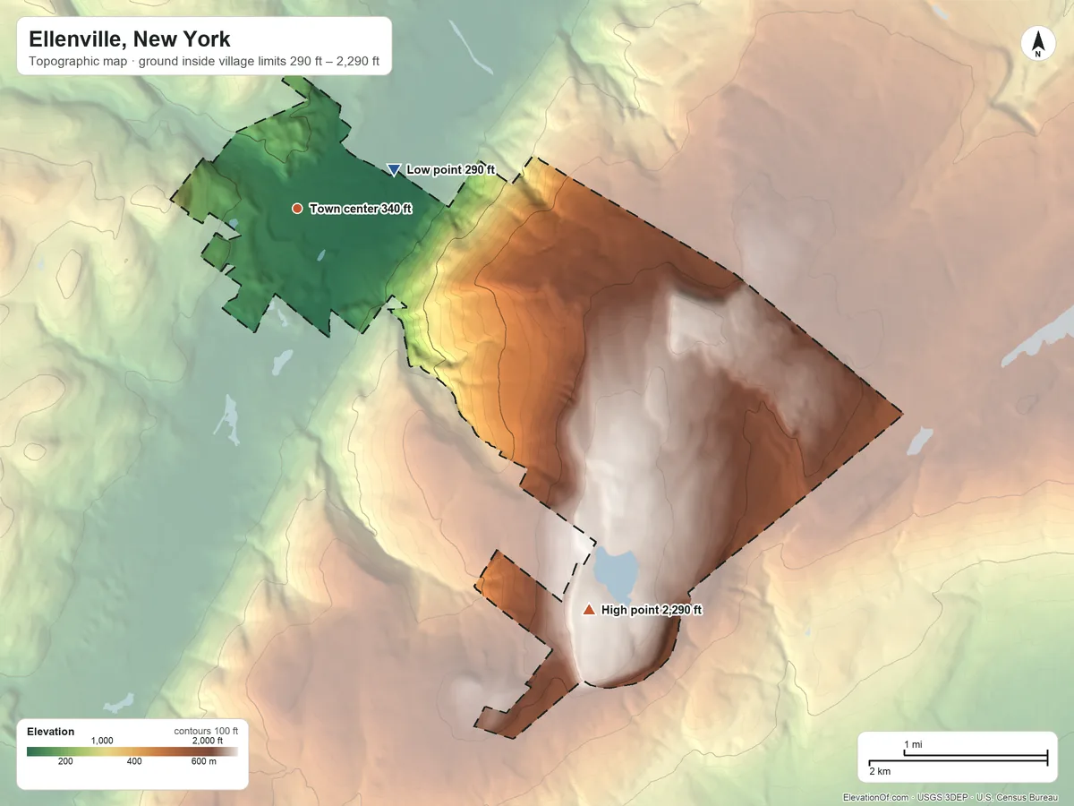 Topographic elevation map of Ellenville, New York, shaded from 290 ft on the east side to 2,290 ft on Mount Don Bosco