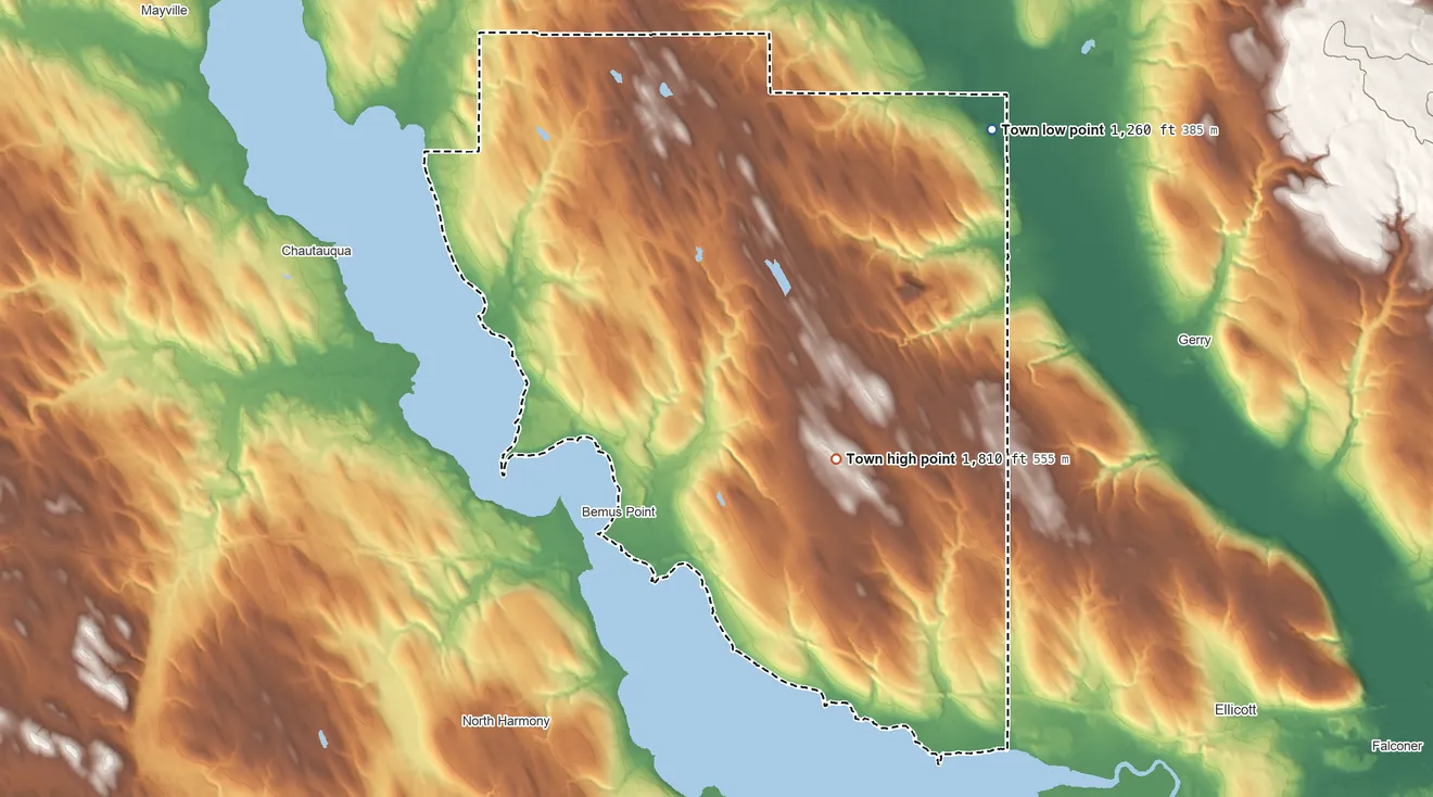 Topographic elevation map of Ellery, New York, shaded from 1,260 ft on the northeast side to 1,810 ft near the middle