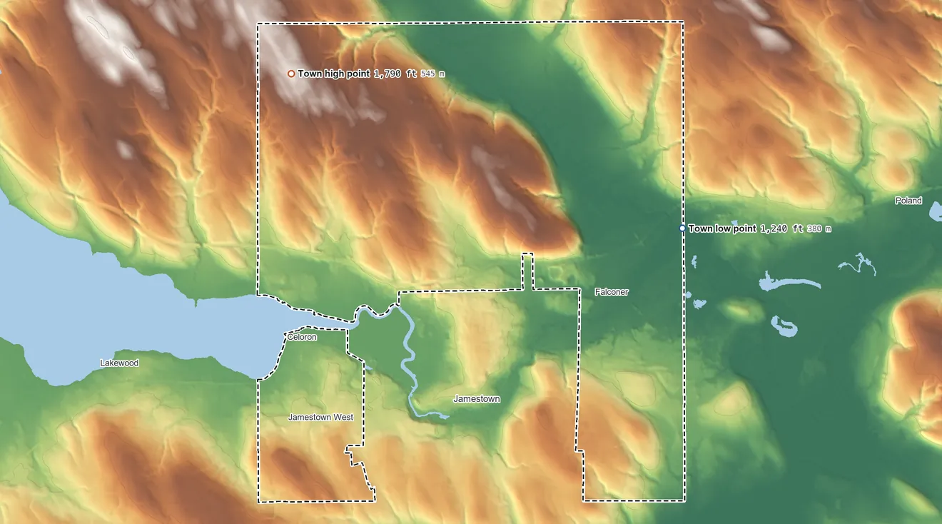 Topographic elevation map of Ellicott, New York, shaded from 1,240 ft on the east side to 1,790 ft on the northwest side