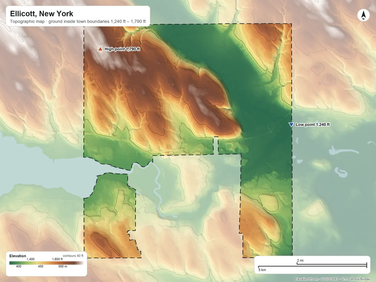 Topographic elevation map of Ellicott, New York, shaded from 1,240 ft on the east side to 1,790 ft on the northwest side