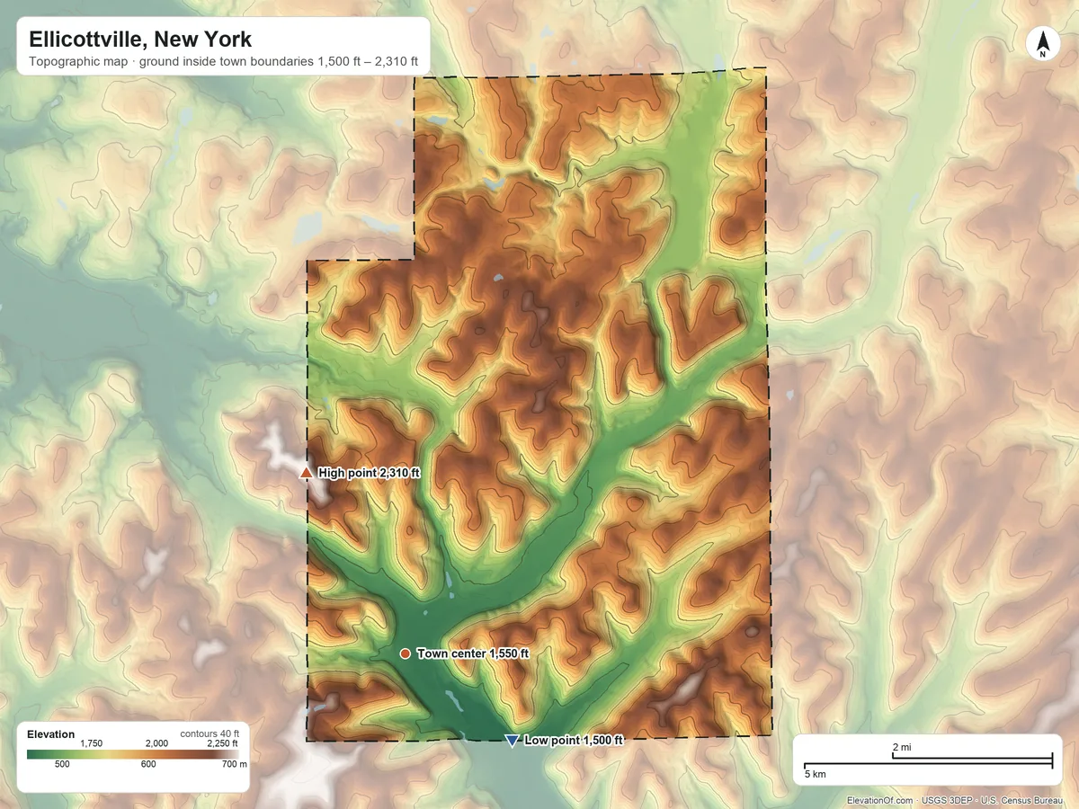 Topographic elevation map of Ellicottville, New York, shaded from 1,500 ft on the southeast side to 2,310 ft on Poverty Hill