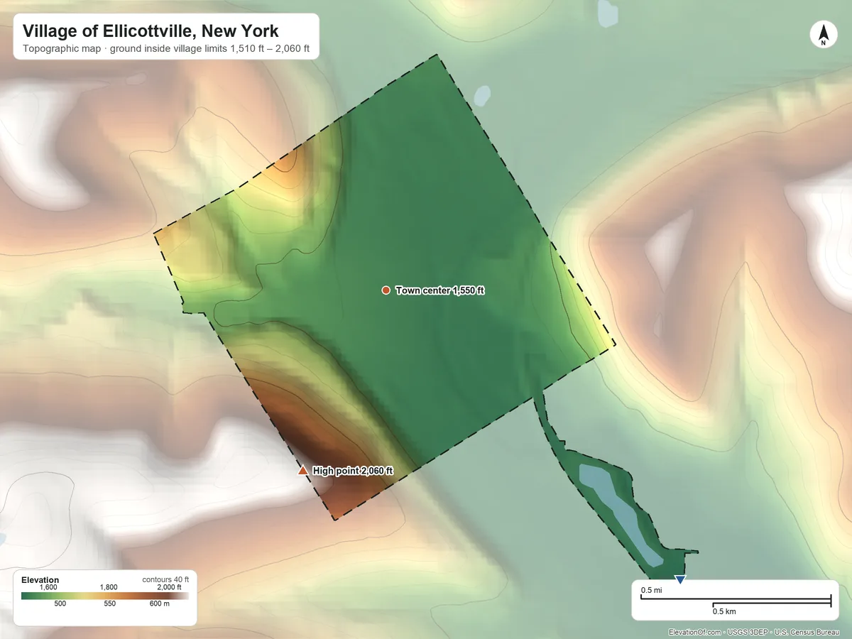 Topographic elevation map of Village of Ellicottville, New York, shaded from 1,510 ft on the southeast side to 2,060 ft on the southwest side
