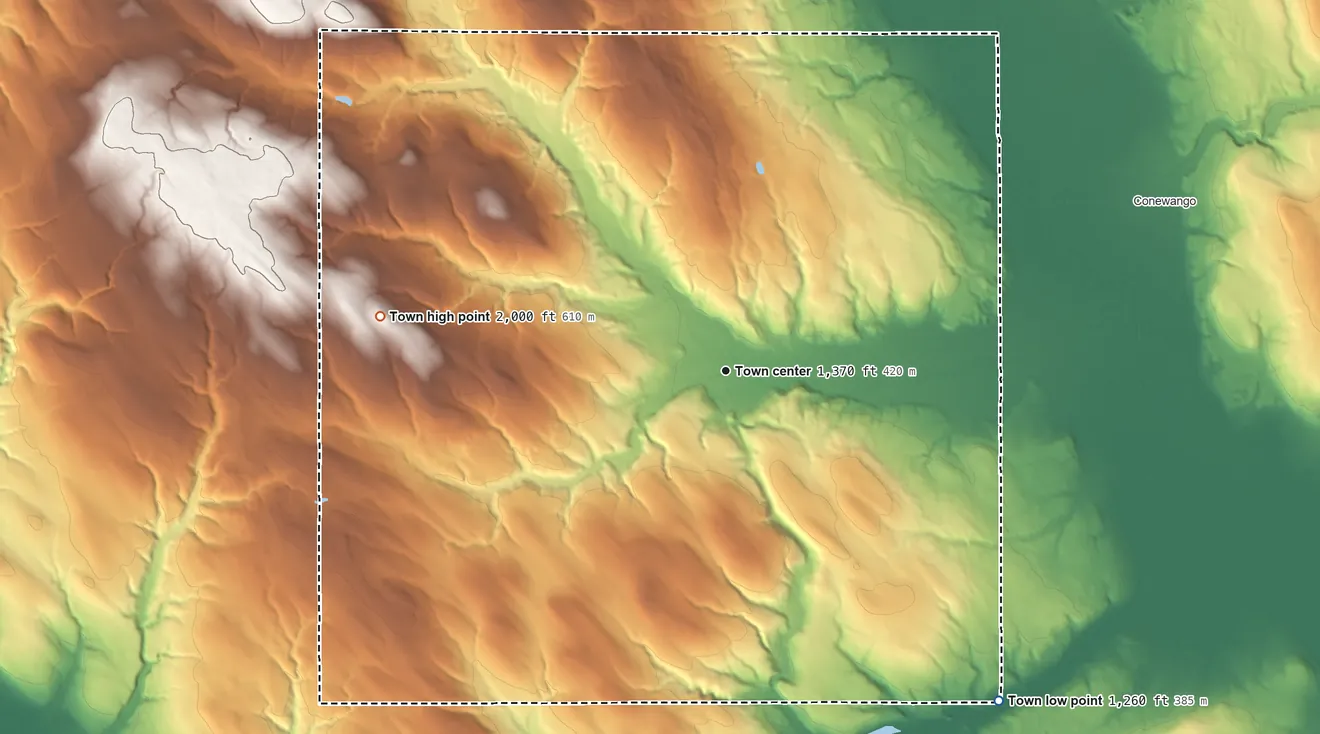Topographic elevation map of Ellington, New York, shaded from 1,260 ft on the southeast side to 2,000 ft on the west side