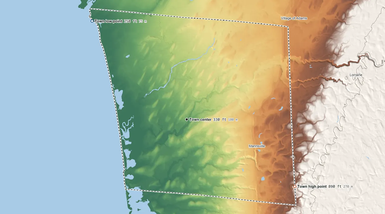 Topographic elevation map of Ellisburg, New York, shaded from 250 ft on the northwest side to 890 ft on the southeast side