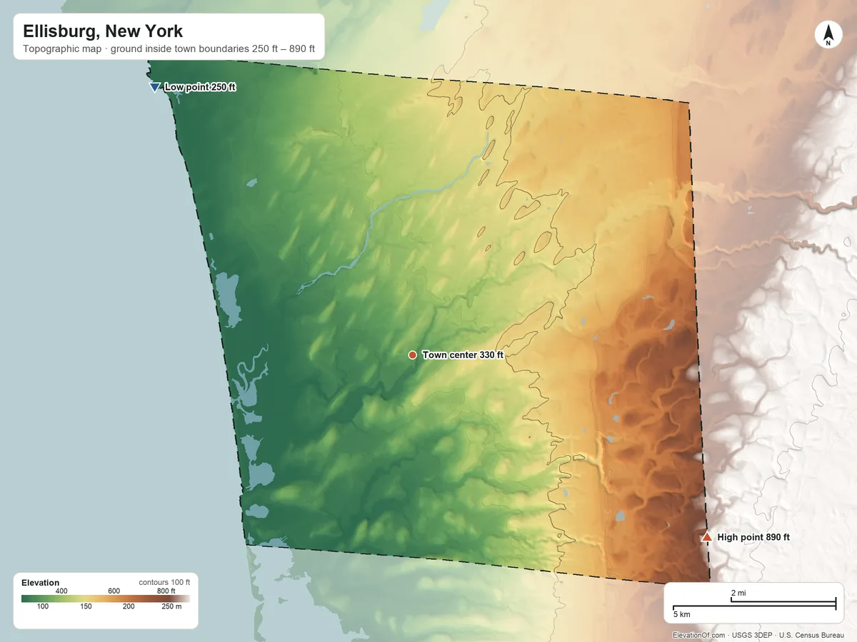 Topographic elevation map of Ellisburg, New York, shaded from 250 ft on the northwest side to 890 ft on the southeast side