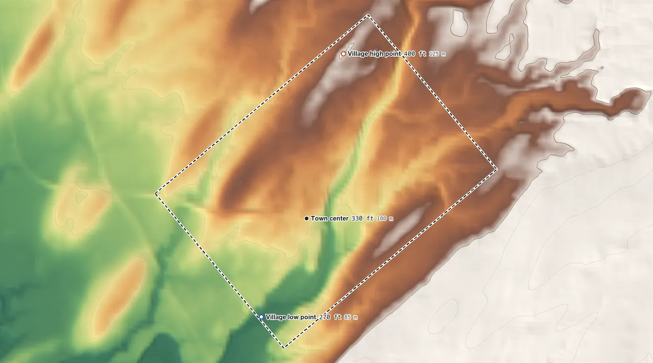 Topographic elevation map of Village of Ellisburg, New York, shaded from 270 ft on the southwest side to 400 ft on the north side