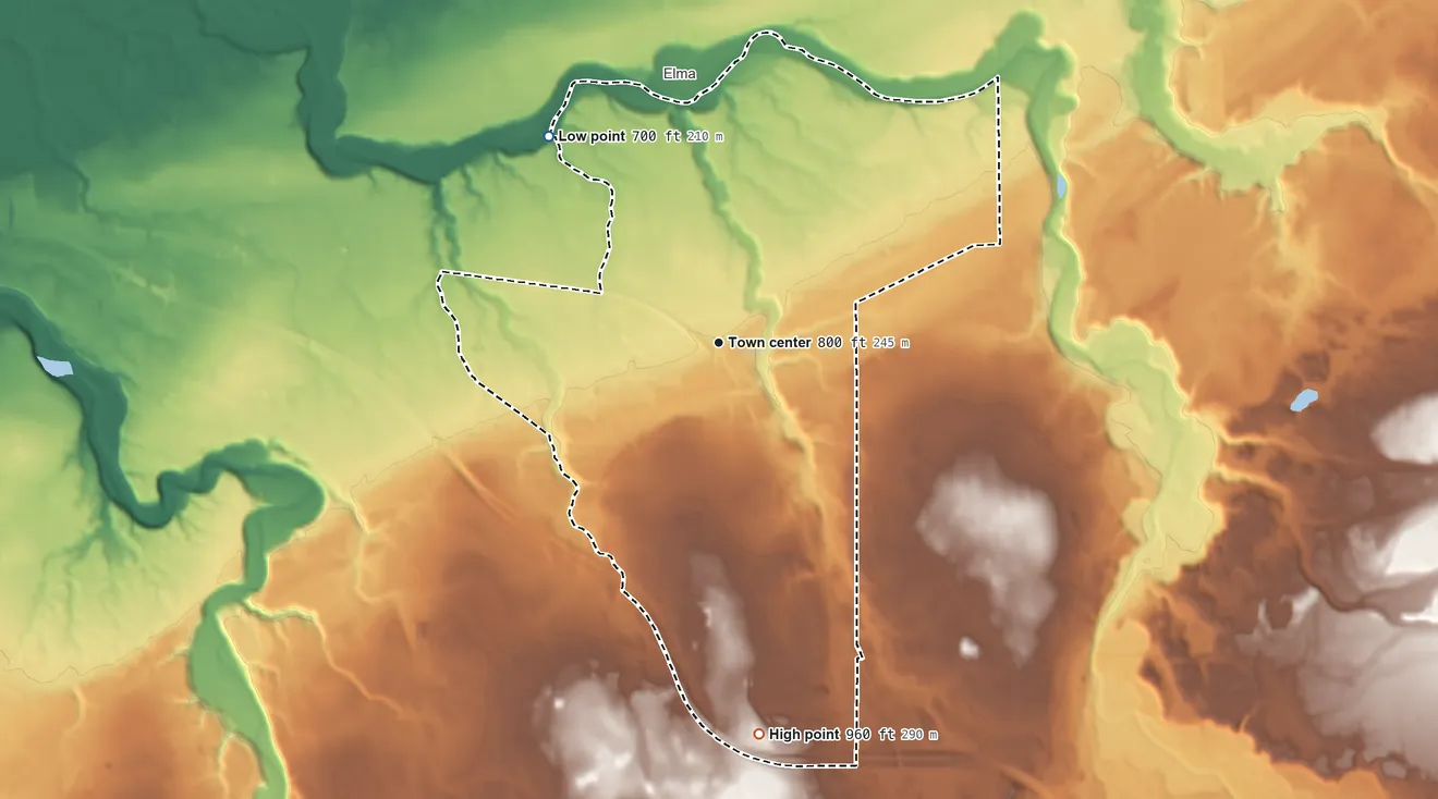 Topographic elevation map of Elma Center, New York, shaded from 700 ft on the northwest side to 960 ft on the south side