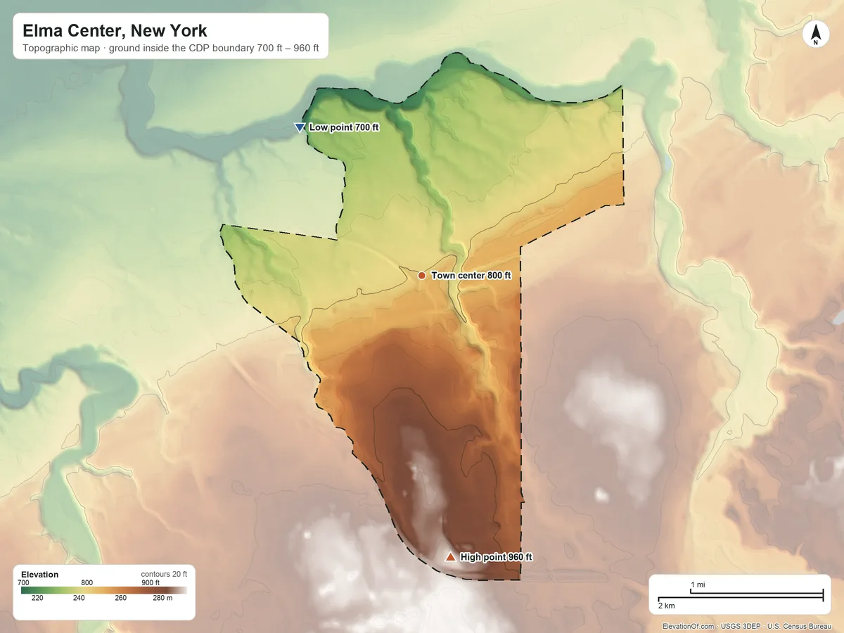 Topographic elevation map of Elma Center, New York, shaded from 700 ft on the northwest side to 960 ft on the south side