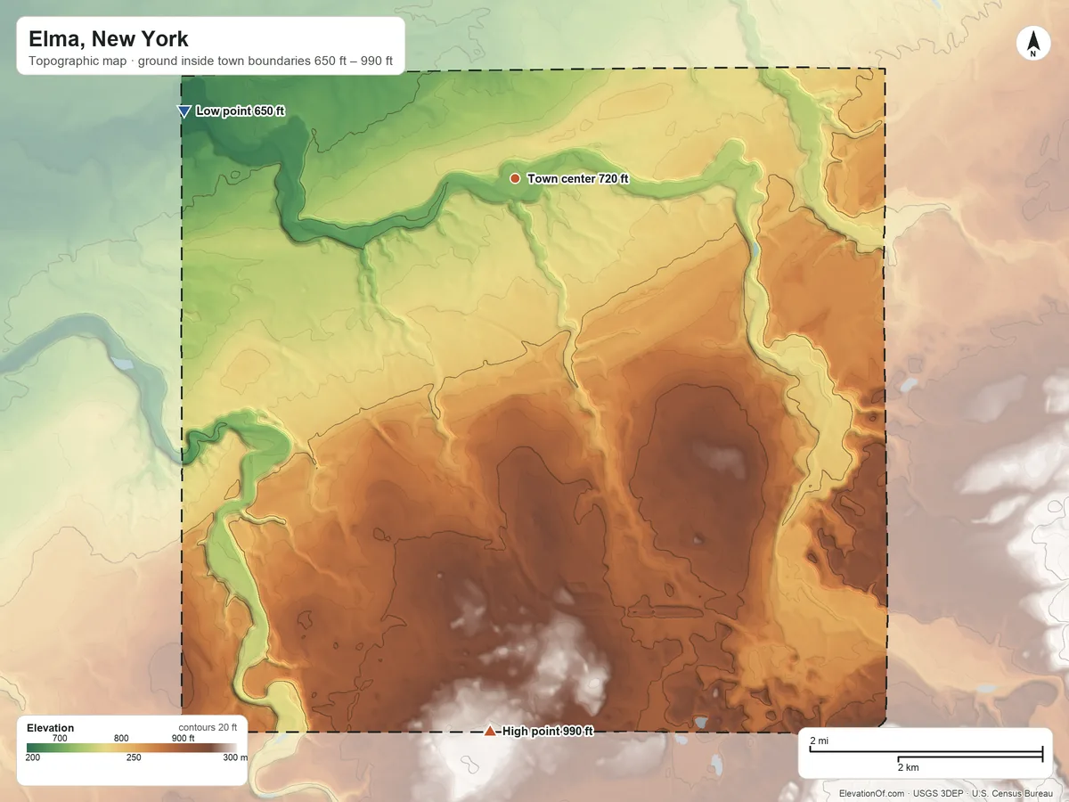 Topographic elevation map of Elma, New York, shaded from 650 ft on the west side to 990 ft on the south side