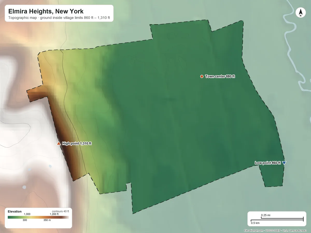 Topographic elevation map of Elmira Heights, New York, shaded from 860 ft on the southeast side to 1,310 ft on the southwest side
