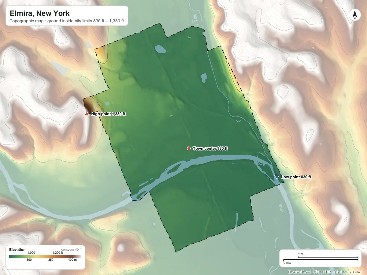 Topographic elevation map of Elmira, New York, shaded from 830 ft on the east side to 1,380 ft on the west edge, below higher ground just outside