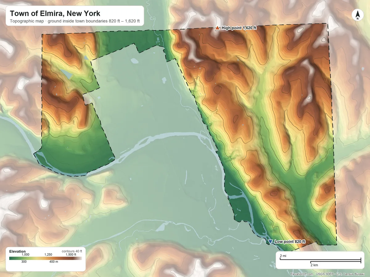 Topographic elevation map of Town of Elmira, New York, shaded from 820 ft on the southeast side to 1,620 ft on the northeast side