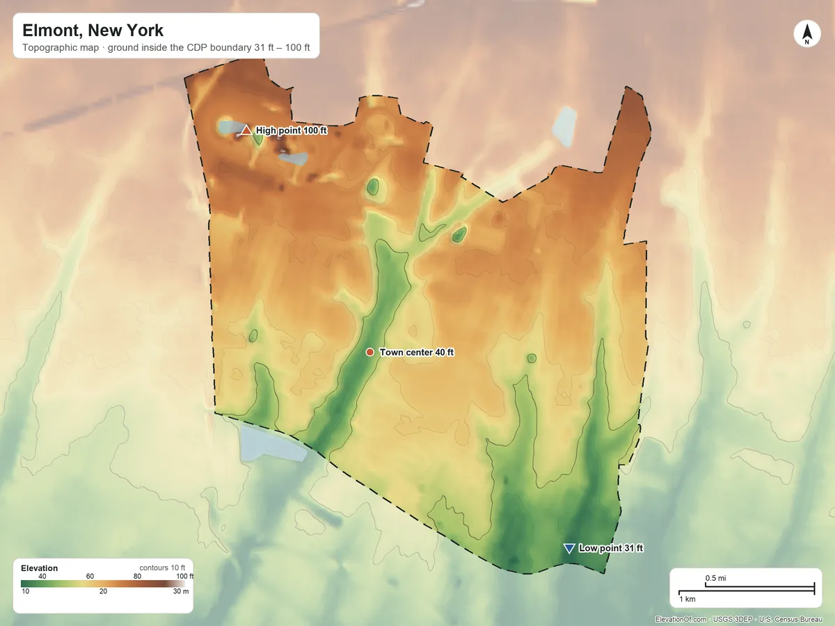 Topographic elevation map of Elmont, New York, shaded from 31 ft on the southeast side to 100 ft on the northwest side