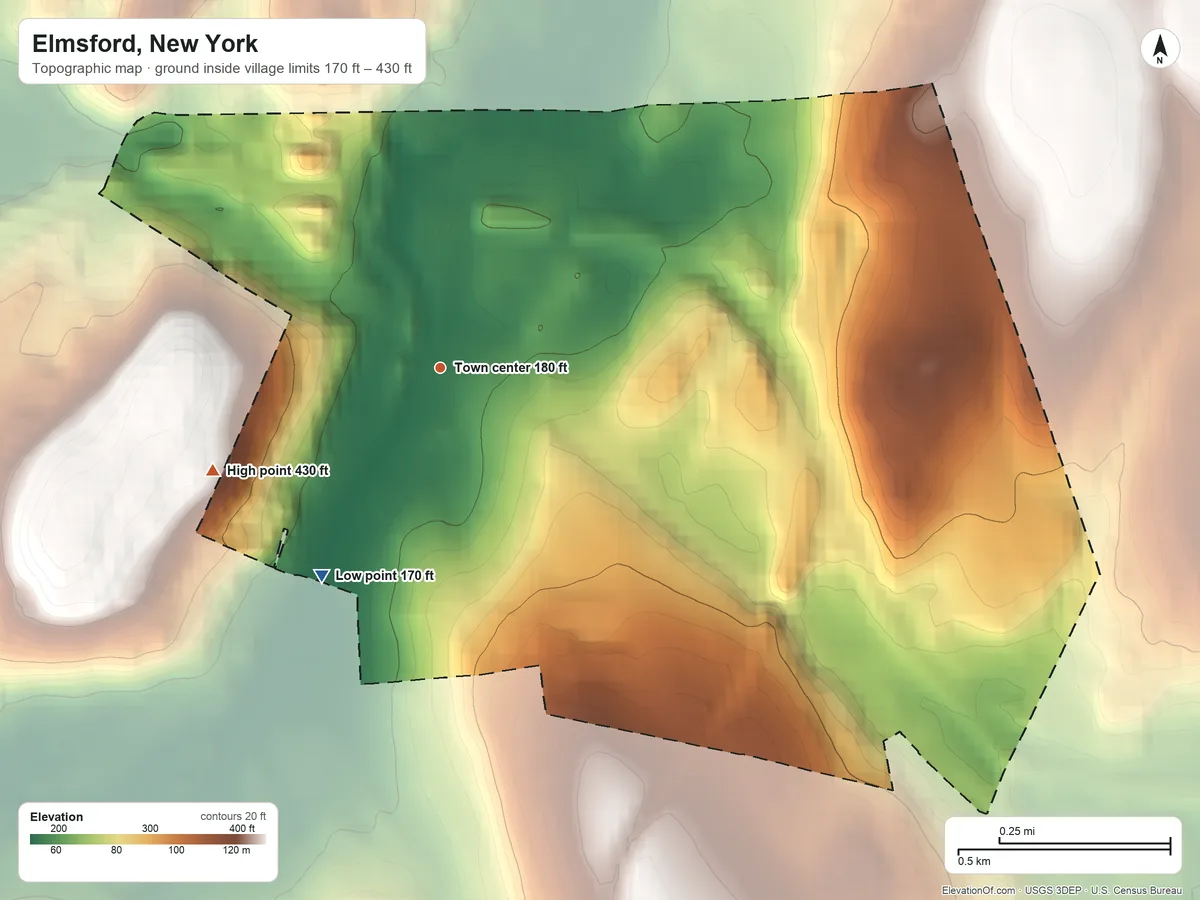 Topographic elevation map of Elmsford, New York, shaded from 170 ft on the southwest side to 430 ft on the southwest side