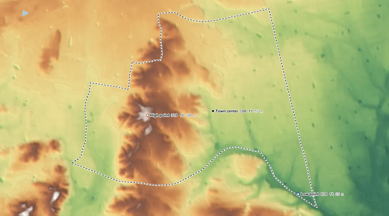 Topographic elevation map of Elwood, New York, shaded from 120 ft on the southeast side to 320 ft on the west side