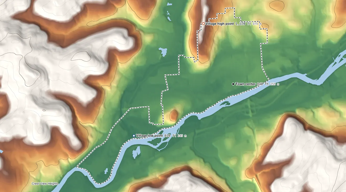 Topographic elevation map of Endicott, New York, shaded from 810 ft on the southwest side to 1,220 ft on the northwest side