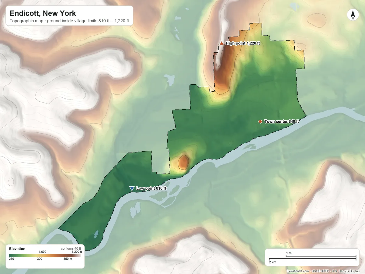 Topographic elevation map of Endicott, New York, shaded from 810 ft on the southwest side to 1,220 ft on the northwest side