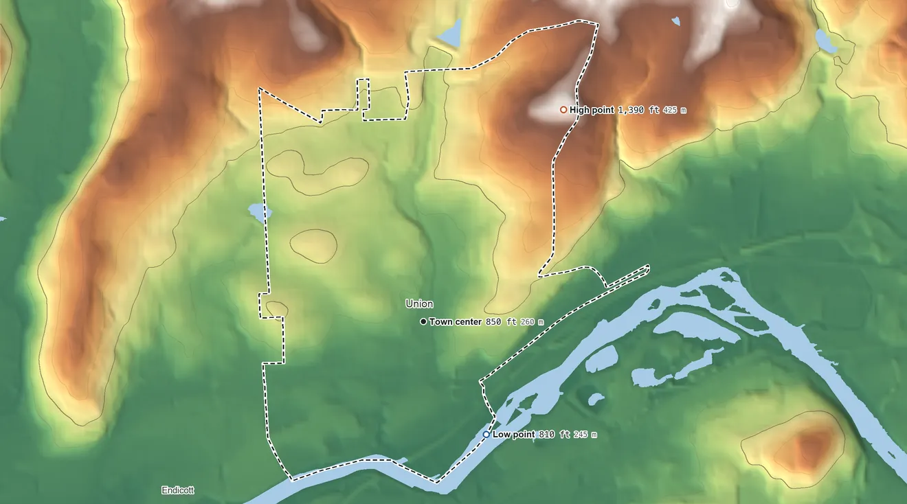 Topographic elevation map of Endwell, New York, shaded from 810 ft on the southeast side to 1,390 ft on the northeast side