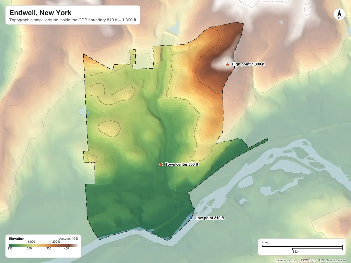 Topographic elevation map of Endwell, New York, shaded from 810 ft on the southeast side to 1,390 ft on the northeast side