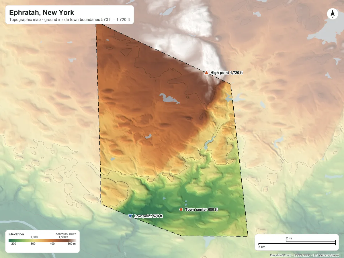 Topographic elevation map of Ephratah, New York, shaded from 570 ft on the west side to 1,720 ft on the north side