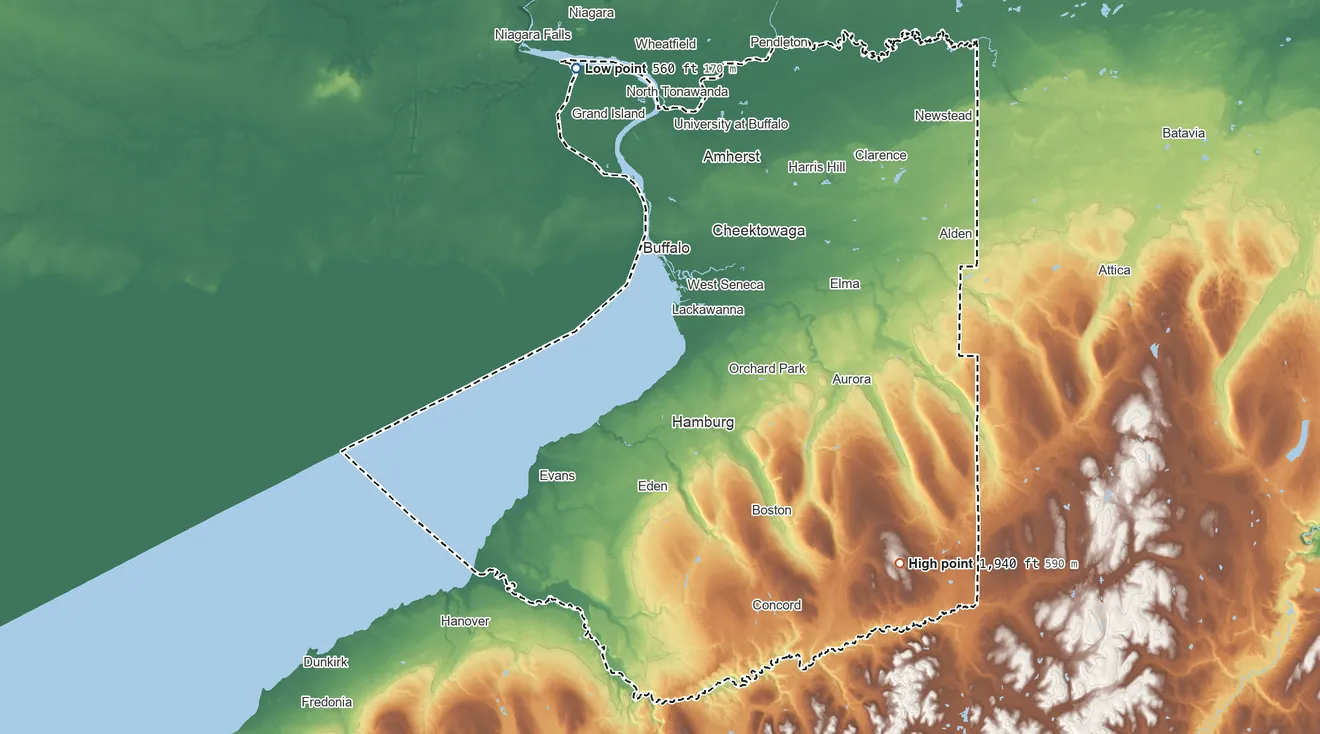 Topographic elevation map of Erie County, New York, shaded from 560 ft on the north side to 1,940 ft on the southeast side