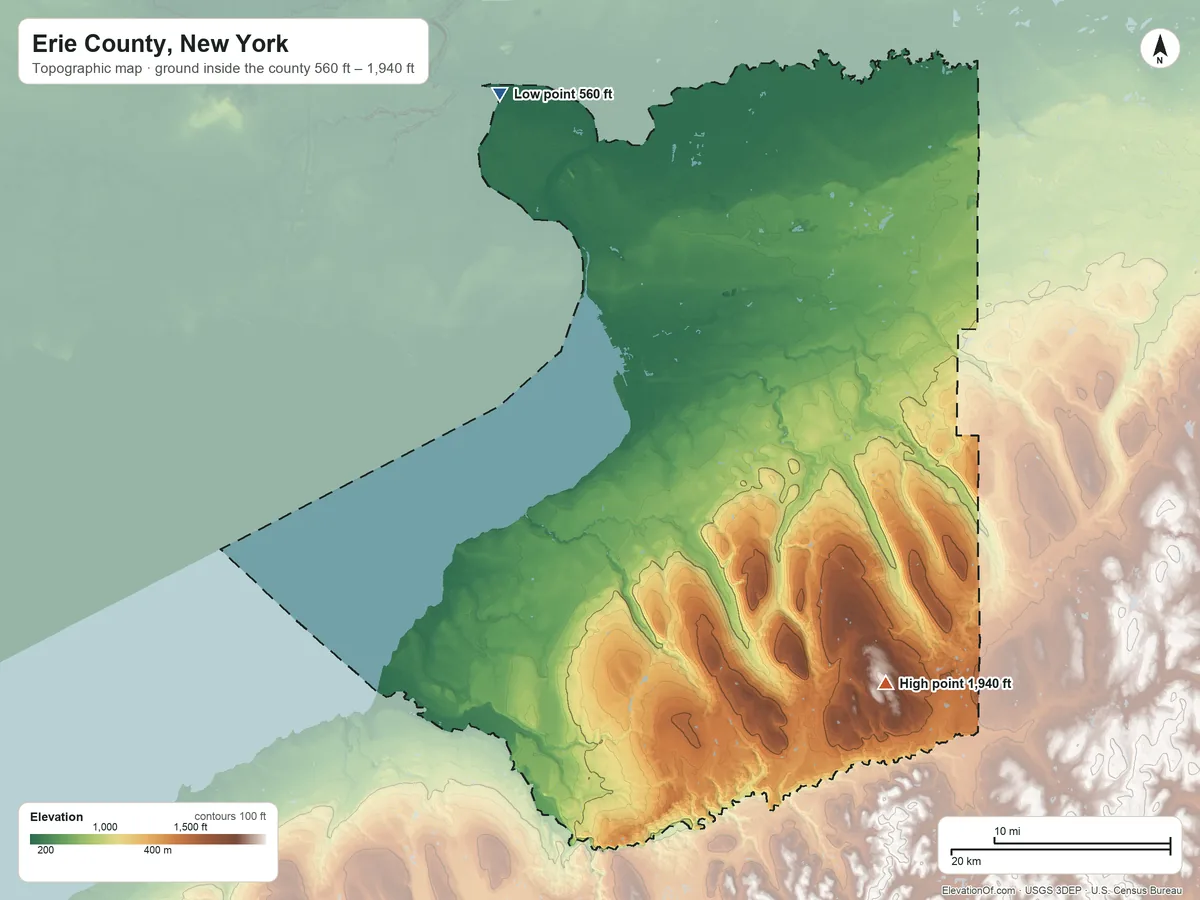 Topographic elevation map of Erie County, New York, shaded from 560 ft on the north side to 1,940 ft on the southeast side