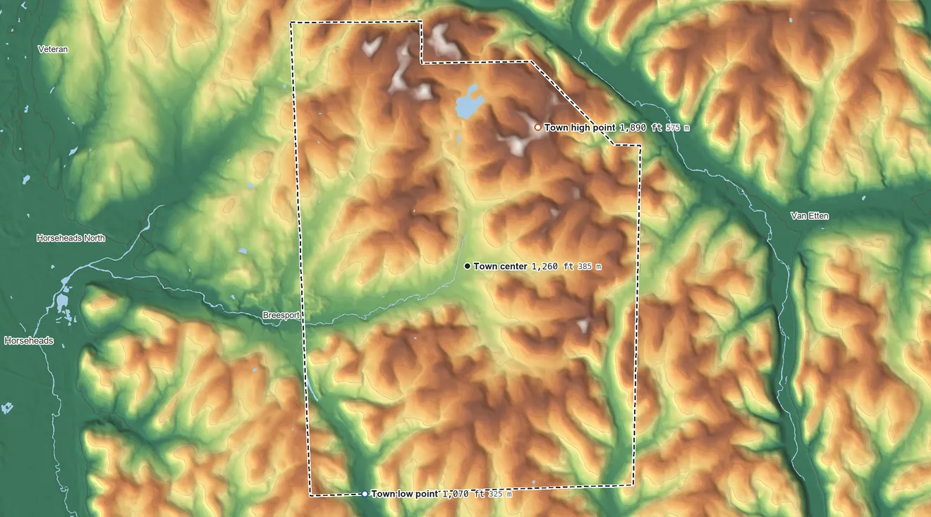 Topographic elevation map of Erin, New York, shaded from 1,070 ft on the southwest side to 1,890 ft on the northeast side