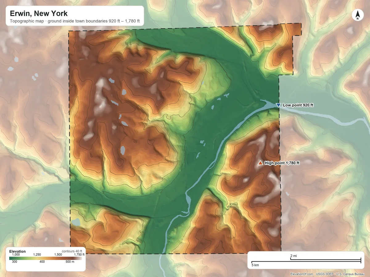 Topographic elevation map of Erwin, New York, shaded from 920 ft on the east side to 1,780 ft on the southeast side