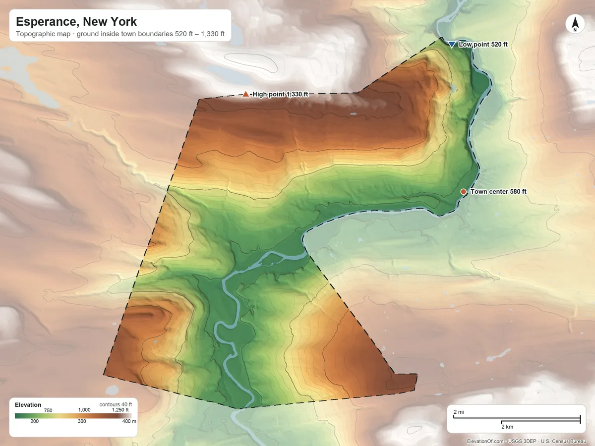 Topographic elevation map of Esperance, New York, shaded from 520 ft on the north side to 1,330 ft on the northwest side