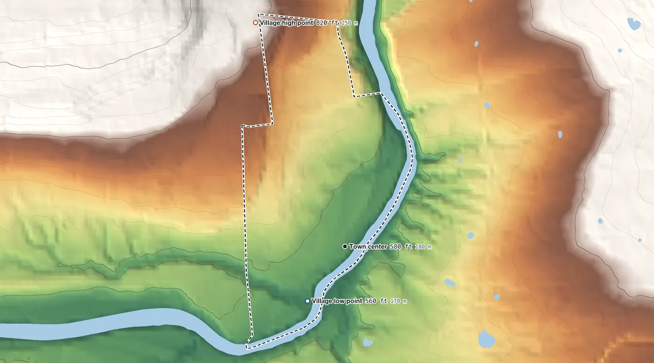 Topographic elevation map of Village of Esperance, New York, shaded from 560 ft on the southwest side to 820 ft on the north edge, below higher ground just outside