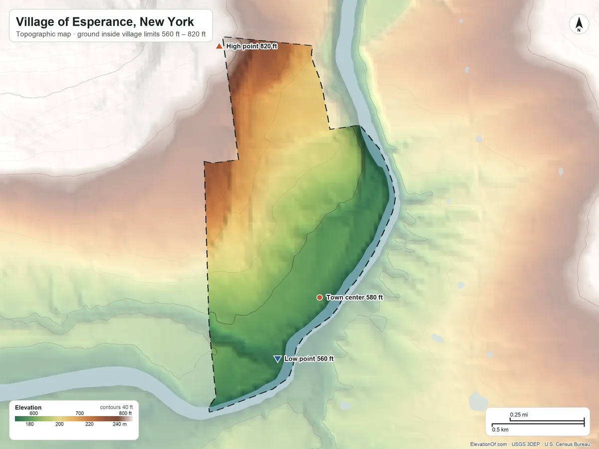 Topographic elevation map of Village of Esperance, New York, shaded from 560 ft on the southwest side to 820 ft on the north edge, below higher ground just outside