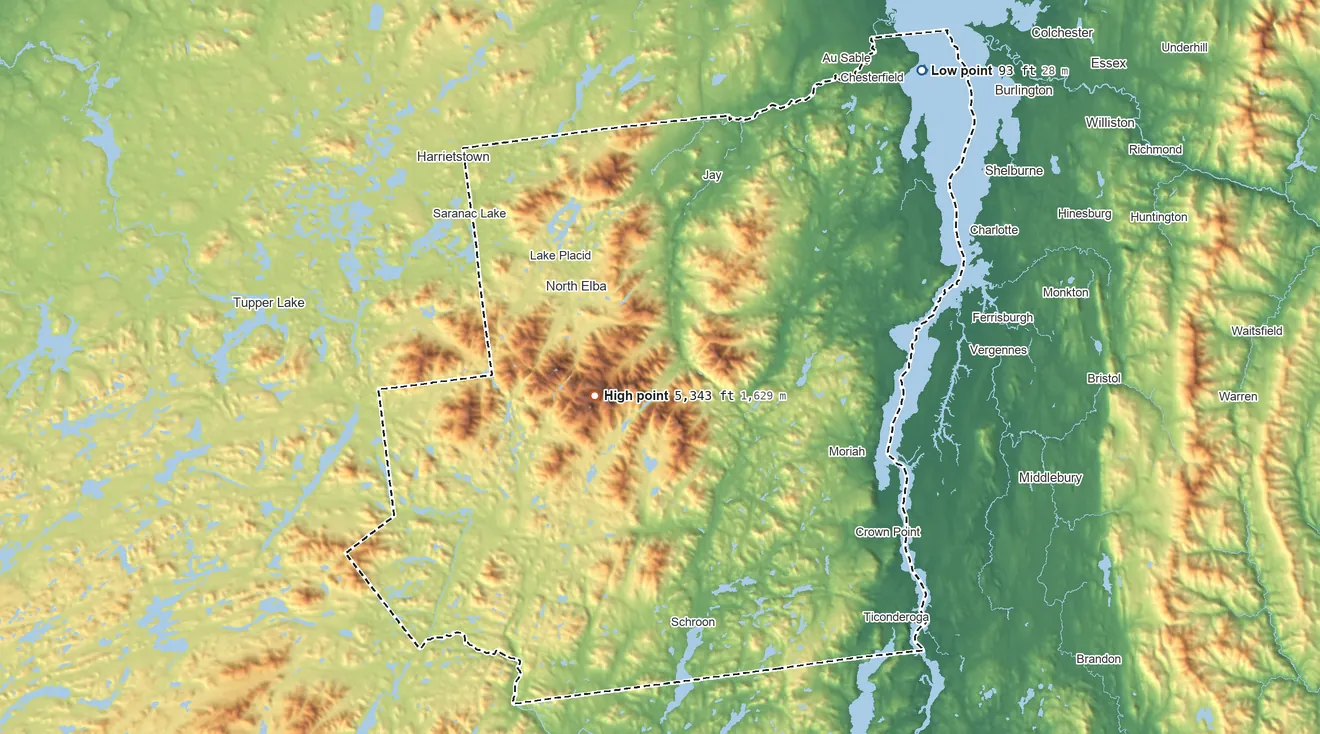 Topographic elevation map of Essex County, New York, shaded from 93 ft on the northeast side to 5,343 ft on Mount Marcy