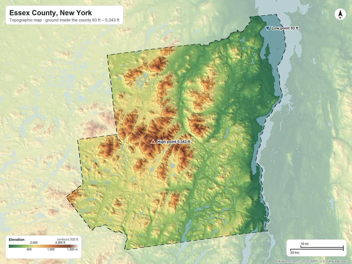 Topographic elevation map of Essex County, New York, shaded from 93 ft on the northeast side to 5,343 ft on Mount Marcy