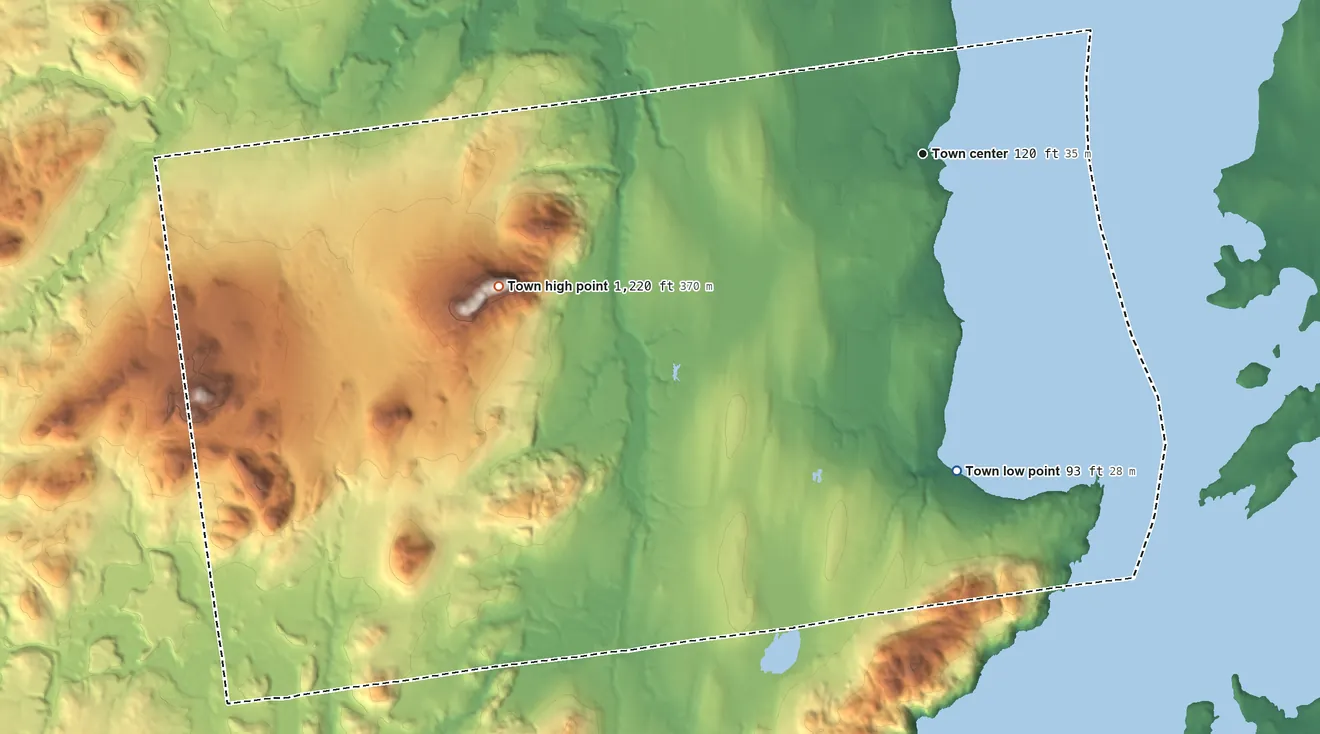Topographic elevation map of Essex, New York, shaded from 93 ft on the south side to 1,220 ft on South Boquet Mountain