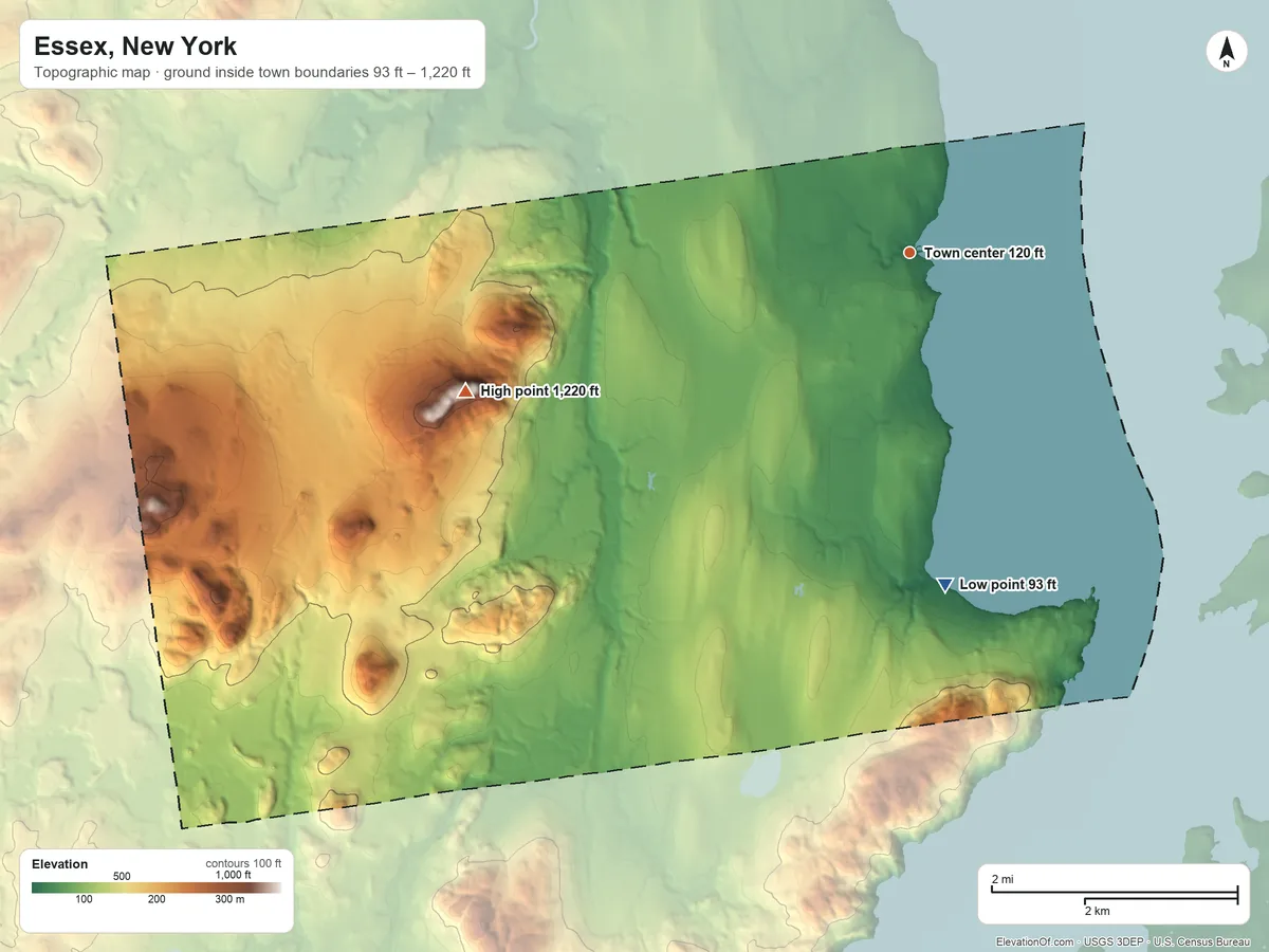 Topographic elevation map of Essex, New York, shaded from 93 ft on the south side to 1,220 ft on South Boquet Mountain