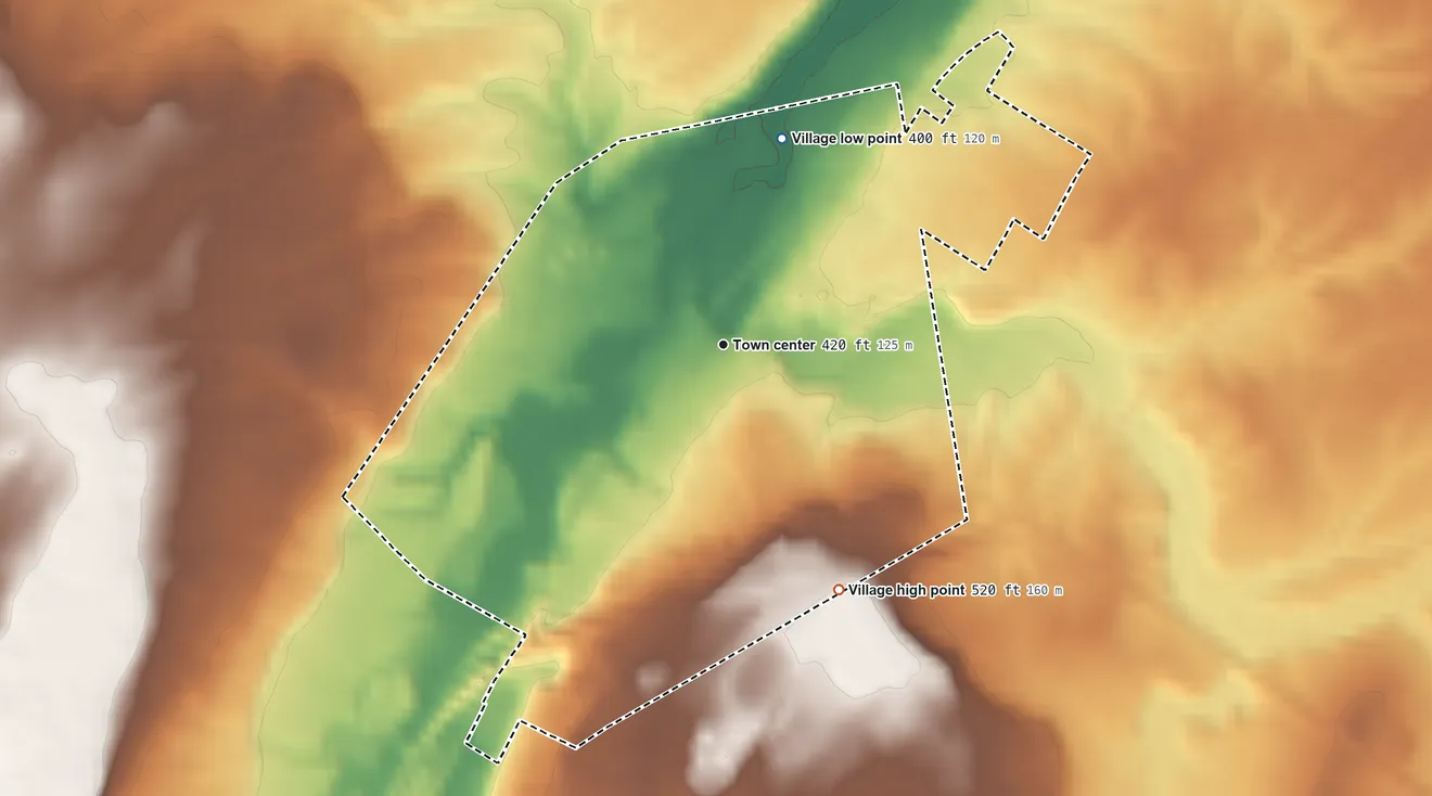 Topographic elevation map of Evans Mills, New York, shaded from 400 ft on the north side to 520 ft on the southeast side